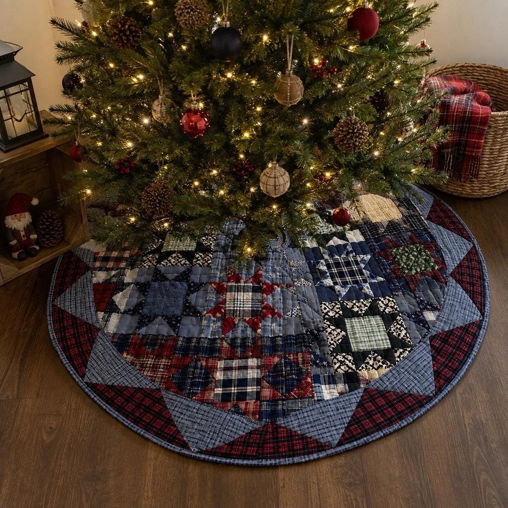 Patch Magic Christmas Tree Skirt Quilted Patchwork Cotton Primitive Farmhouse